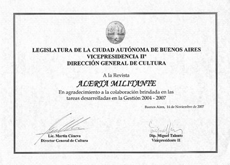 Diploma de reconocimiento a la Revista Alerta Militante